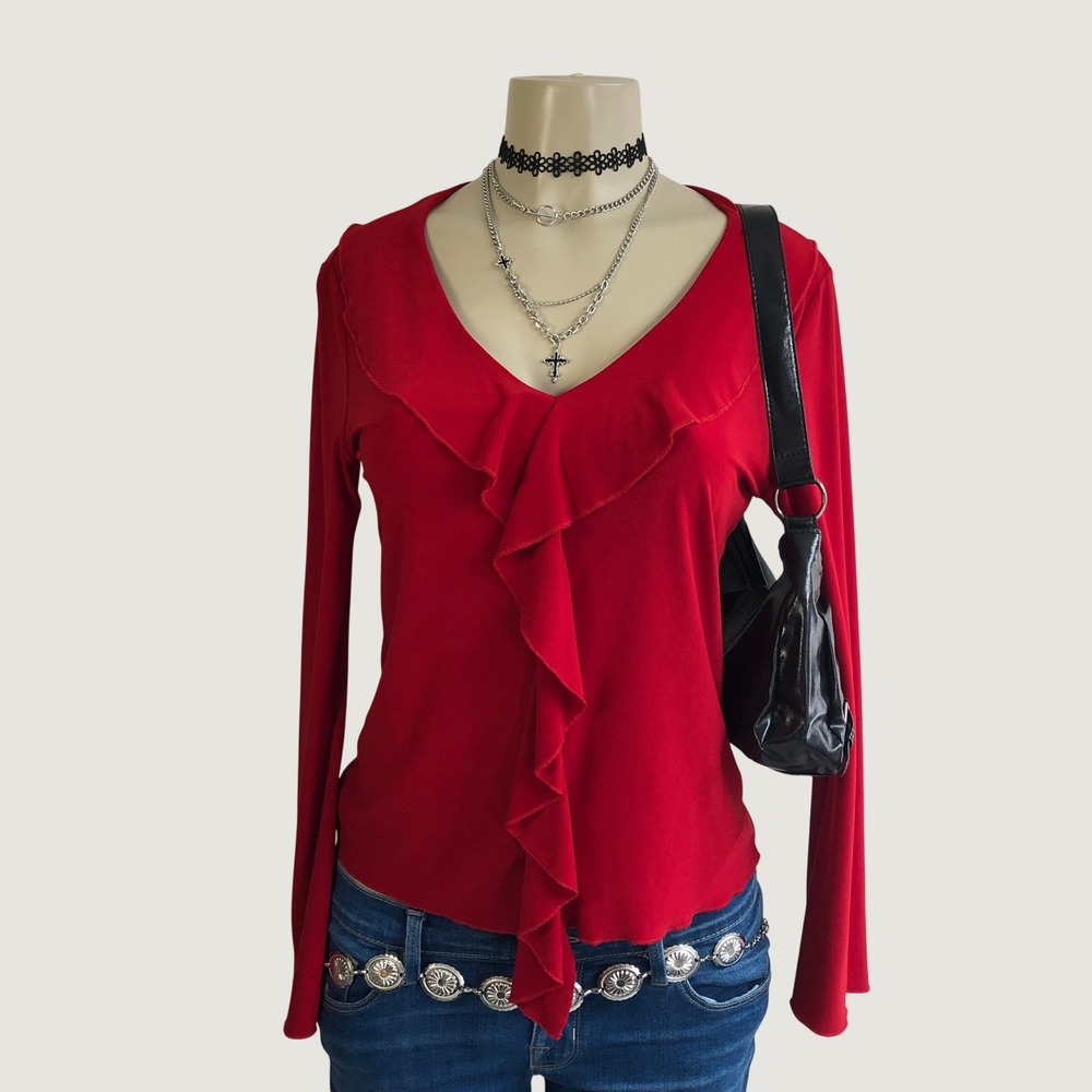 Vintage Y2K Nexxen Red Cascade Ruffle Long Sleeve Top Womens Small Made In USA